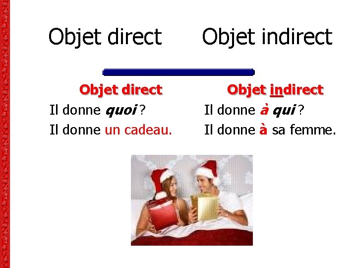 Objet direct Objet indirect Objet direct Il donne quoi ? Il donne un cadeau. Objet direct Objet indirect Objet direct Il donne quoi ? Il donne un cadeau.