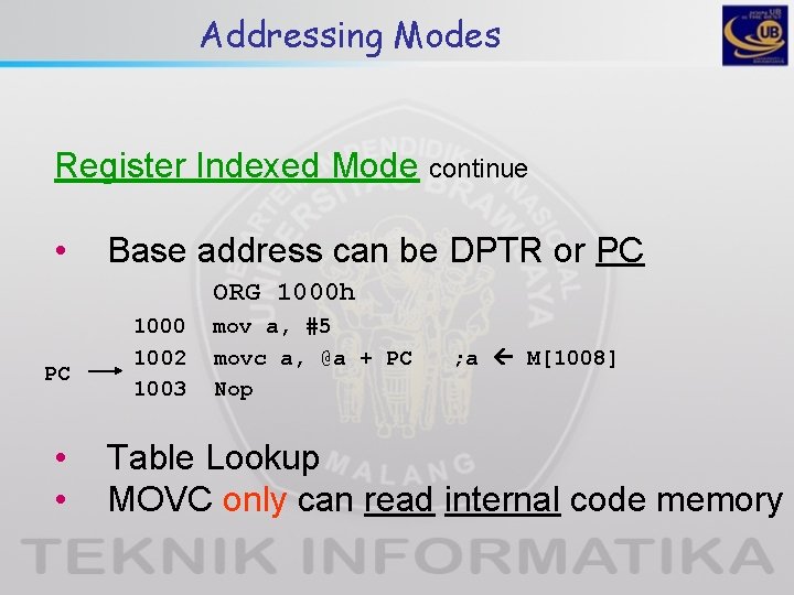 Addressing Modes Register Indexed Mode continue • Base address can be DPTR or PC Addressing Modes Register Indexed Mode continue • Base address can be DPTR or PC
