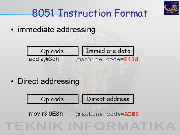 8051 Instruction Format • immediate addressing Op code add a, #3 dh Immediate data 8051 Instruction Format • immediate addressing Op code add a, #3 dh Immediate data