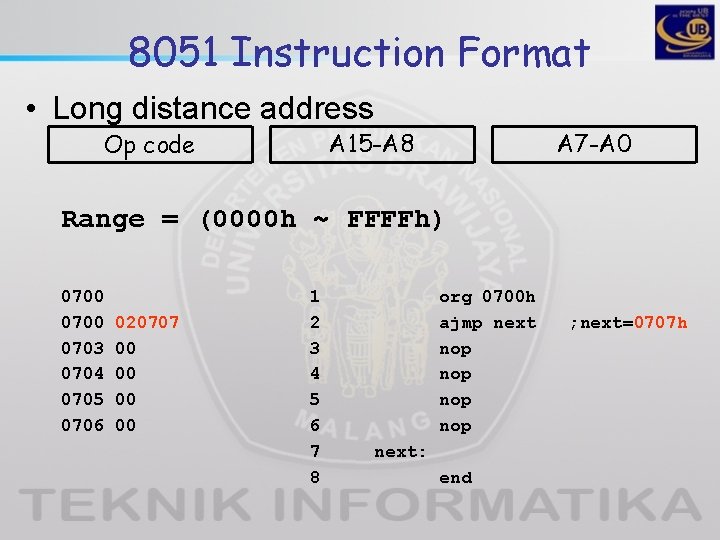 8051 Instruction Format • Long distance address A 15 -A 8 Op code A 8051 Instruction Format • Long distance address A 15 -A 8 Op code A