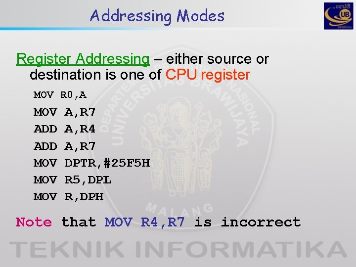 Addressing Modes Register Addressing – either source or destination is one of CPU register Addressing Modes Register Addressing – either source or destination is one of CPU register