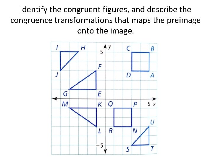 Identify the congruent figures, and describe the congruence transformations that maps the preimage onto