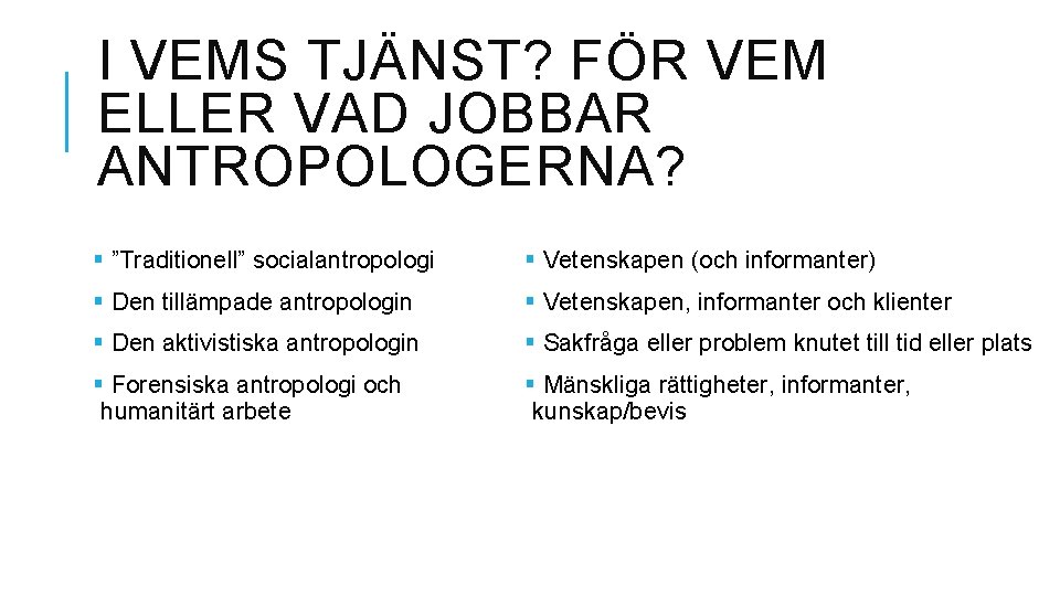 I VEMS TJÄNST? FÖR VEM ELLER VAD JOBBAR ANTROPOLOGERNA? § ”Traditionell” socialantropologi § Vetenskapen