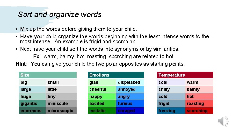 Sort and organize words • Mix up the words before giving them to your