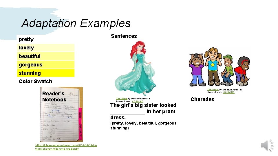 Adaptation Examples Sentences pretty lovely beautiful gorgeous stunning Color Swatch Reader’s Notebook This Photo
