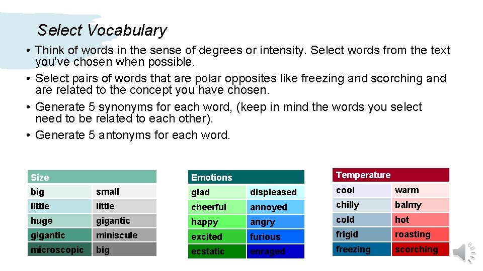 Select Vocabulary • Think of words in the sense of degrees or intensity. Select