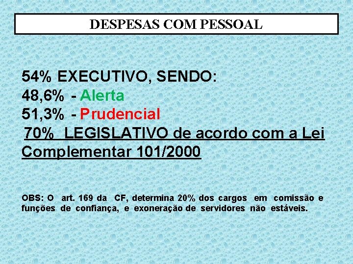 DESPESAS COM PESSOAL 54% EXECUTIVO, SENDO: 48, 6% - Alerta 51, 3% - Prudencial