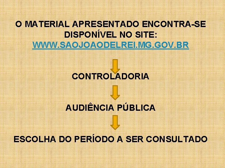 O MATERIAL APRESENTADO ENCONTRA-SE DISPONÍVEL NO SITE: WWW. SAOJOAODELREI. MG. GOV. BR CONTROLADORIA AUDIÊNCIA