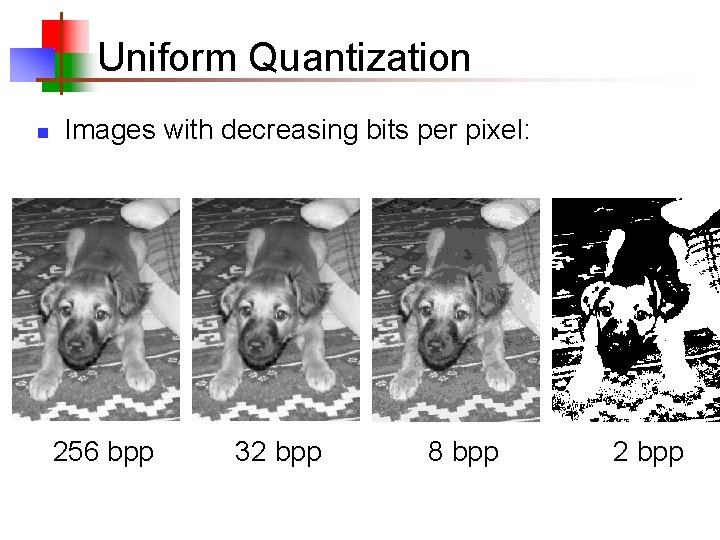 Uniform Quantization n Images with decreasing bits per pixel: 8 bits 256 bpp 4