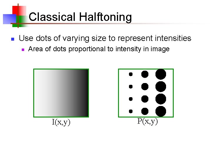 Classical Halftoning n Use dots of varying size to represent intensities n Area of