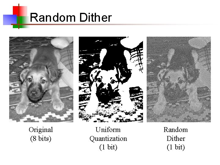 Random Dither Original (8 bits) Uniform Quantization (1 bit) Random Dither (1 bit) 