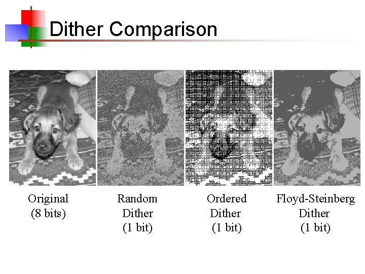 Dither Comparison Original (8 bits) Random Dither (1 bit) Ordered Dither (1 bit) Floyd-Steinberg