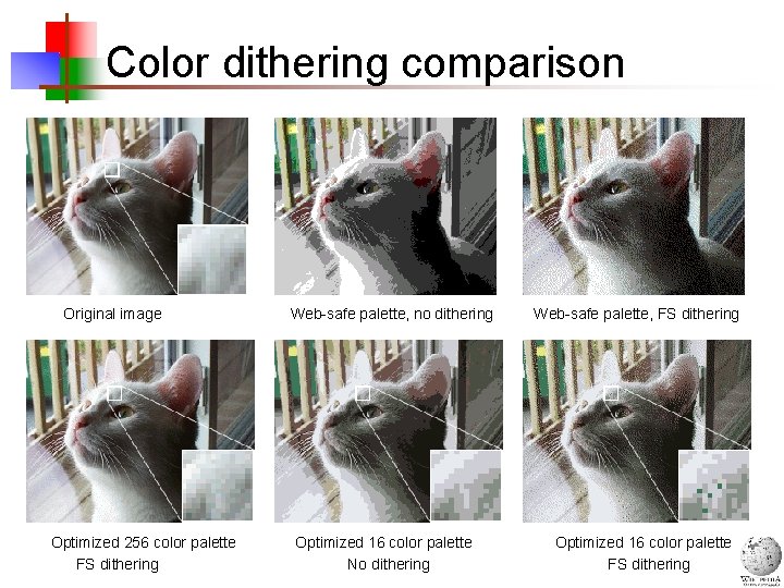 Color dithering comparison Original image Optimized 256 color palette FS dithering Web-safe palette, no