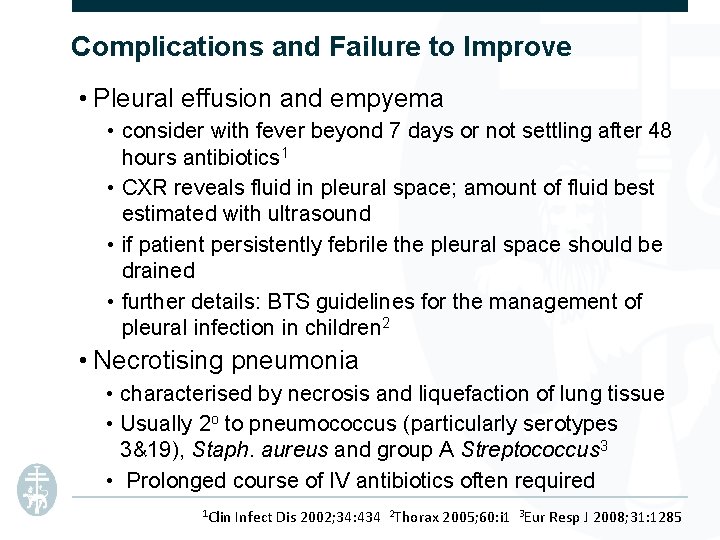 Complications and Failure to Improve • Pleural effusion and empyema • consider with fever