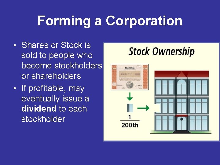 Forming a Corporation • Shares or Stock is sold to people who become stockholders