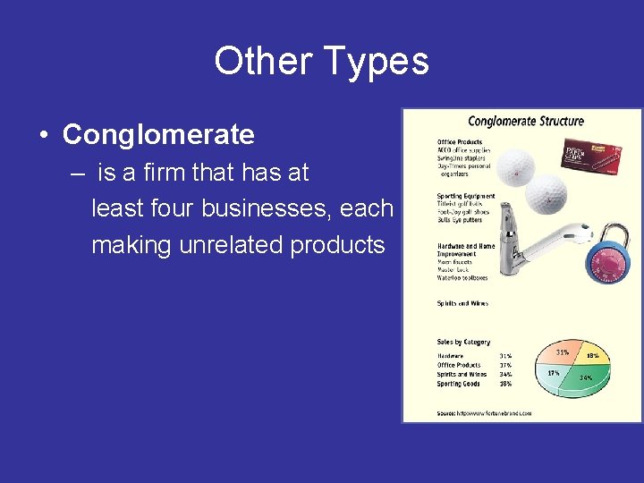 Other Types • Conglomerate – is a firm that has at least four businesses,