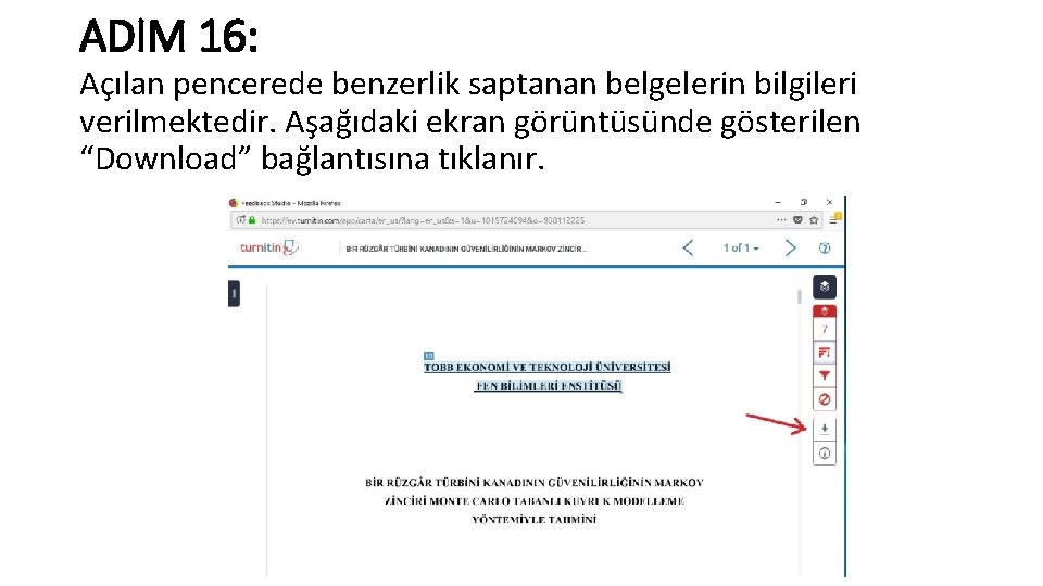 ADIM 16: Açılan pencerede benzerlik saptanan belgelerin bilgileri verilmektedir. Aşağıdaki ekran görüntüsünde gösterilen “Download”
