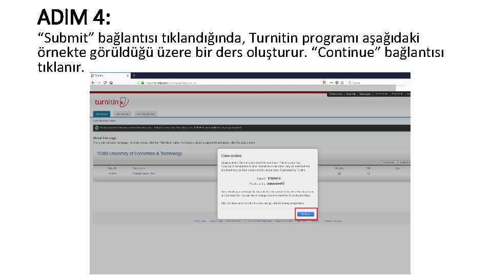 ADIM 4: “Submit” bağlantısı tıklandığında, Turnitin programı aşağıdaki örnekte görüldüğü üzere bir ders oluşturur.