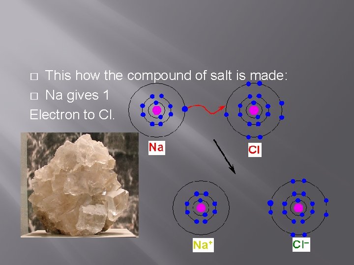 This how the compound of salt is made: � Na gives 1 Electron to