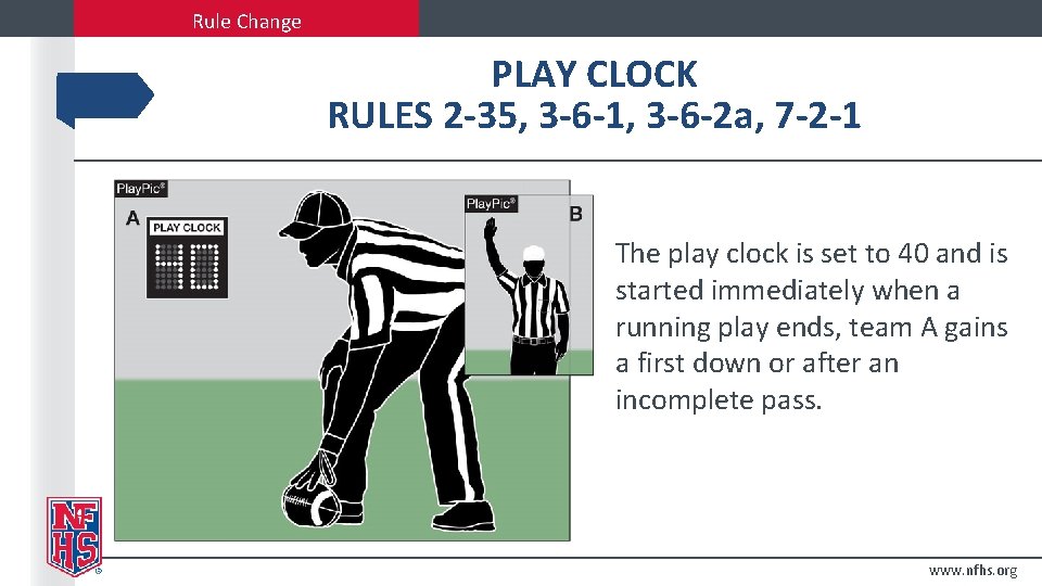 Rule Change PLAY CLOCK RULES 2 -35, 3 -6 -1, 3 -6 -2 a, Rule Change PLAY CLOCK RULES 2 -35, 3 -6 -1, 3 -6 -2 a,