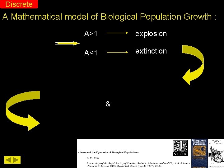 Discrete A Mathematical model of Biological Population Growth : A>1 explosion A<1 extinction &
