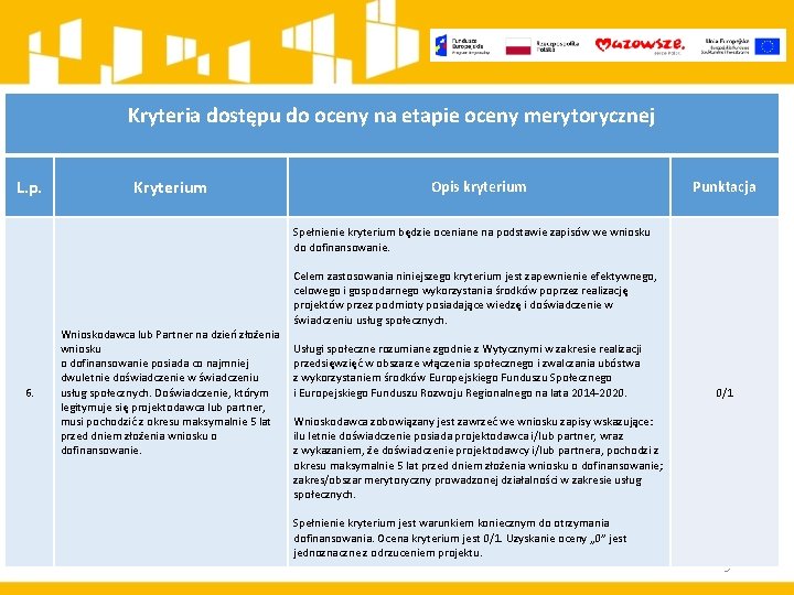 Kryteria dostępu do oceny na etapie oceny merytorycznej L. p. Kryterium Opis kryterium Punktacja