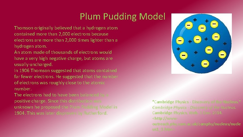 Plum Pudding Model Thomson originally believed that a hydrogen atom contained more than 2,