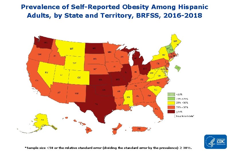 Prevalence of Self-Reported Obesity Among Hispanic Adults, by State and Territory, BRFSS, 2016 -2018