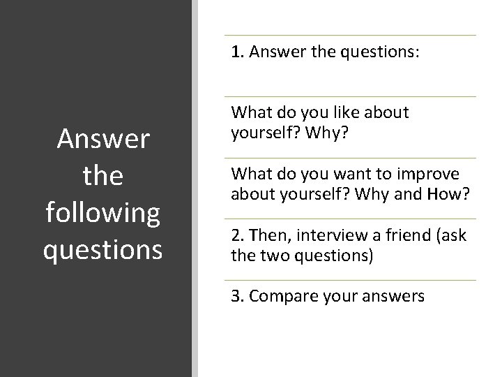 1. Answer the questions: Answer the following questions What do you like about yourself?