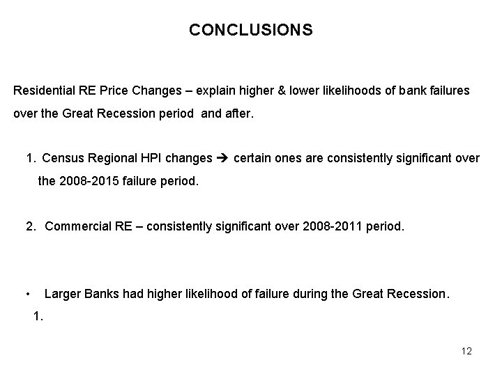 CONCLUSIONS Residential RE Price Changes – explain higher & lower likelihoods of bank failures