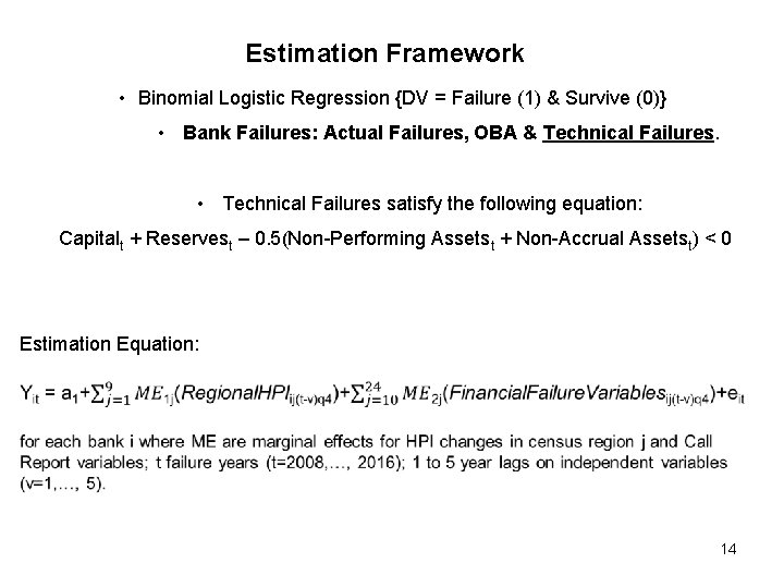 Estimation Framework • Binomial Logistic Regression {DV = Failure (1) & Survive (0)} •