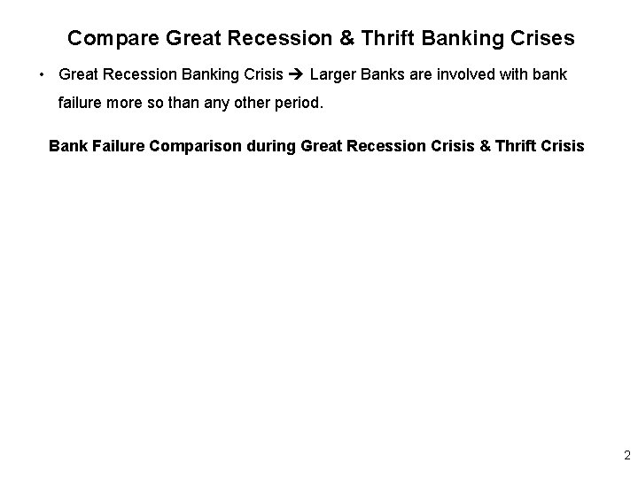 Compare Great Recession & Thrift Banking Crises • Great Recession Banking Crisis Larger Banks