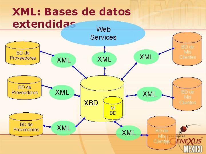 XML: Bases de datos extendidas Web Services BD de Proveedores XML XML XBD BD XML: Bases de datos extendidas Web Services BD de Proveedores XML XML XBD BD