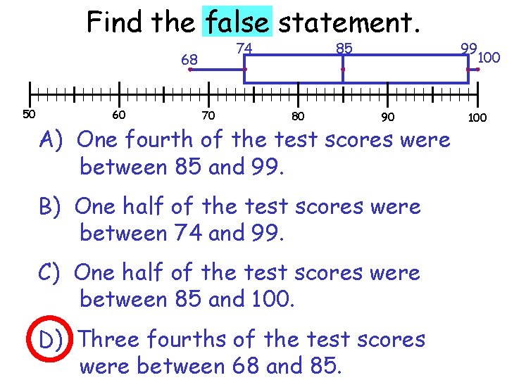 Find the false statement. 74 68 50 60 70 85 80 90 A) One
