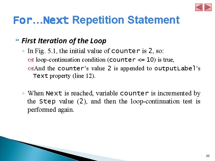 For…Next Repetition Statement First Iteration of the Loop ◦ In Fig. 5. 1, the