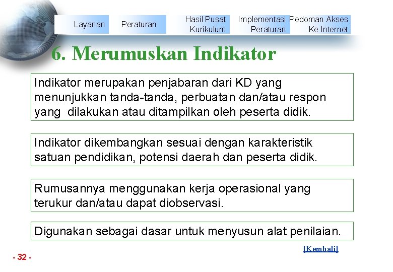 Layanan Peraturan Hasil Pusat Kurikulum Implementasi Pedoman Akses Peraturan Ke Internet 6. Merumuskan Indikator