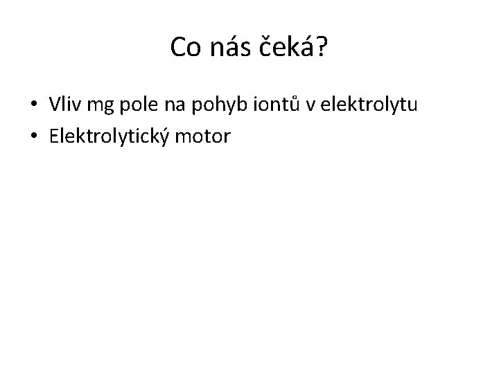 Co nás čeká? • Vliv mg pole na pohyb iontů v elektrolytu • Elektrolytický