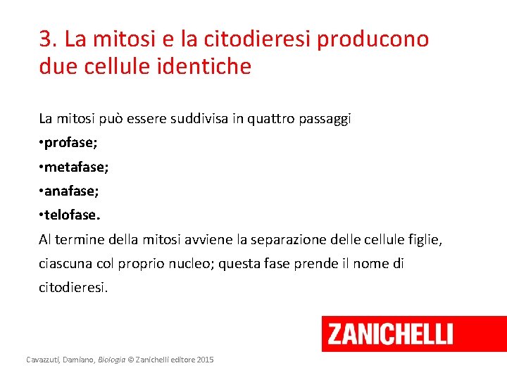 3. La mitosi e la citodieresi producono due cellule identiche La mitosi può essere