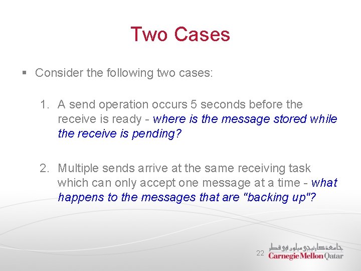 Two Cases § Consider the following two cases: 1. A send operation occurs 5