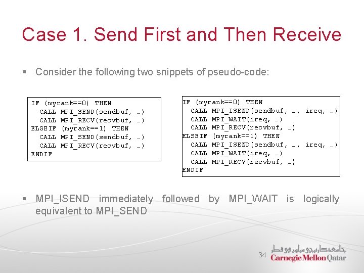 Case 1. Send First and Then Receive § Consider the following two snippets of