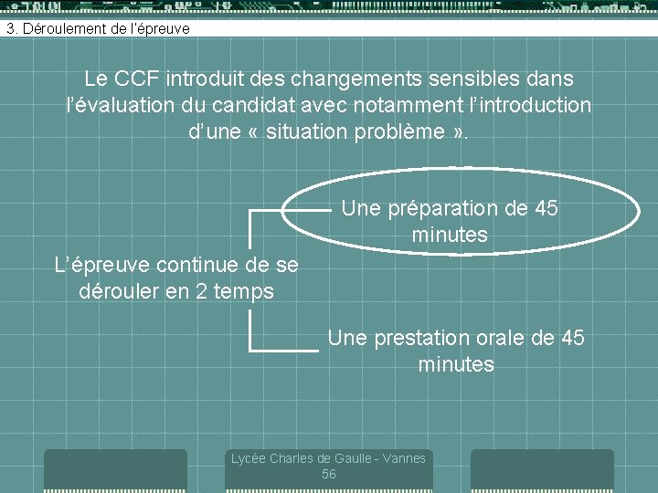 3. Déroulement de l’épreuve Le CCF introduit des changements sensibles dans l’évaluation du candidat