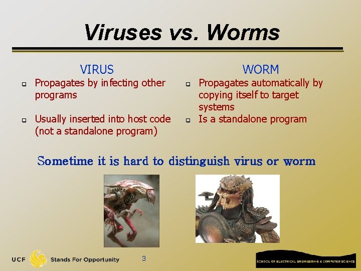 Viruses vs. Worms VIRUS q q Propagates by infecting other programs Usually inserted into