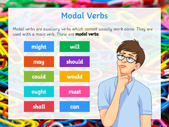 Modal Verbs Modal verbs are auxiliary verbs which cannot usually work alone. They are