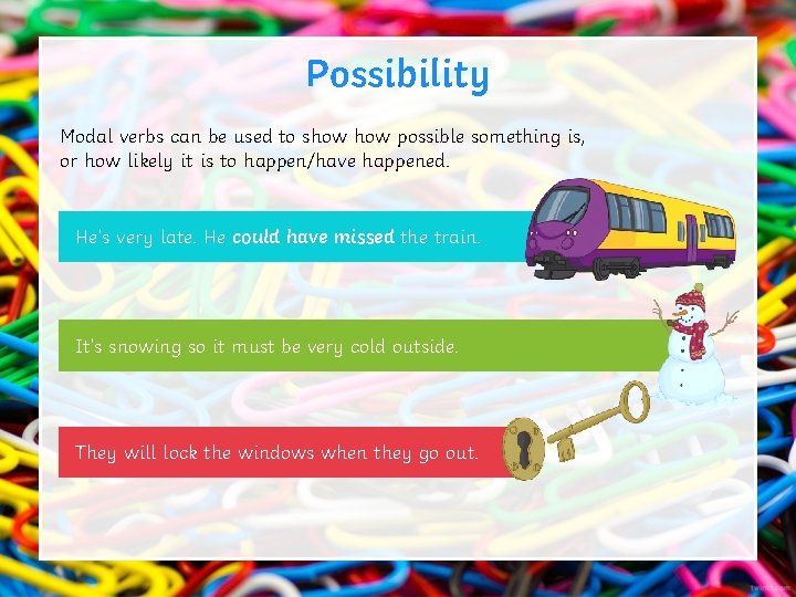 Possibility Modal verbs can be used to show possible something is, or how likely Possibility Modal verbs can be used to show possible something is, or how likely