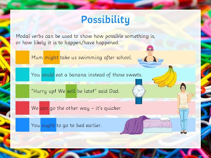 Possibility Modal verbs can be used to show possible something is, or how likely Possibility Modal verbs can be used to show possible something is, or how likely