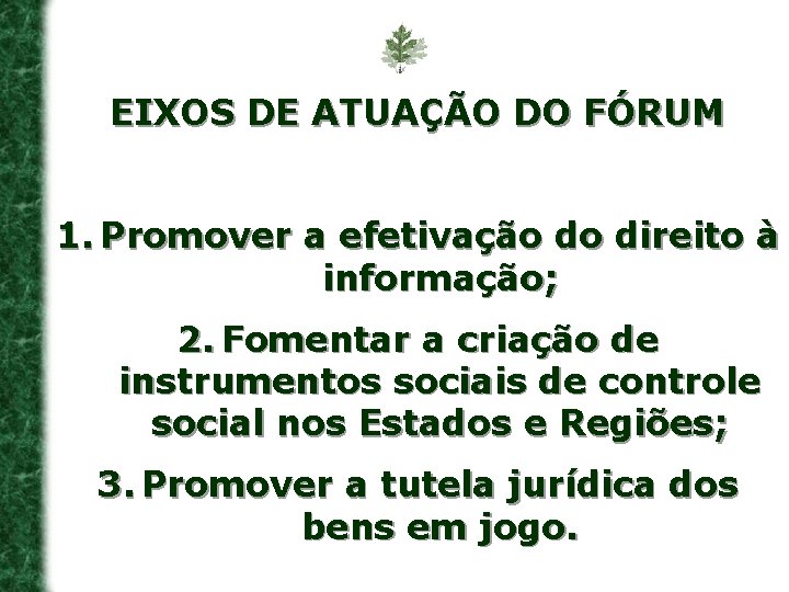 EIXOS DE ATUAÇÃO DO FÓRUM 1. Promover a efetivação do direito à informação; 2.