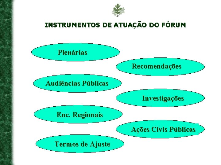 INSTRUMENTOS DE ATUAÇÃO DO FÓRUM Plenárias Recomendações Audiências Públicas Investigações Enc. Regionais Ações Civis