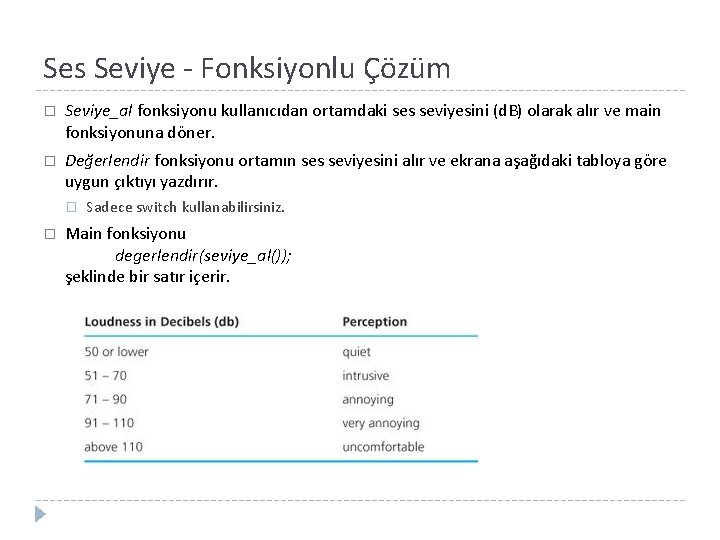 Ses Seviye - Fonksiyonlu Çözüm � Seviye_al fonksiyonu kullanıcıdan ortamdaki ses seviyesini (d. B)