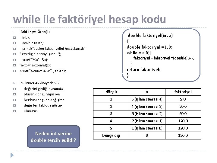 while faktöriyel hesap kodu � � � � Ø � � � Faktöriyel Örneği: