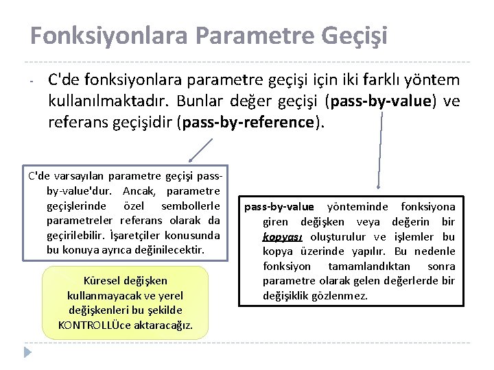 Fonksiyonlara Parametre Geçişi - C'de fonksiyonlara parametre geçişi için iki farklı yöntem kullanılmaktadır. Bunlar